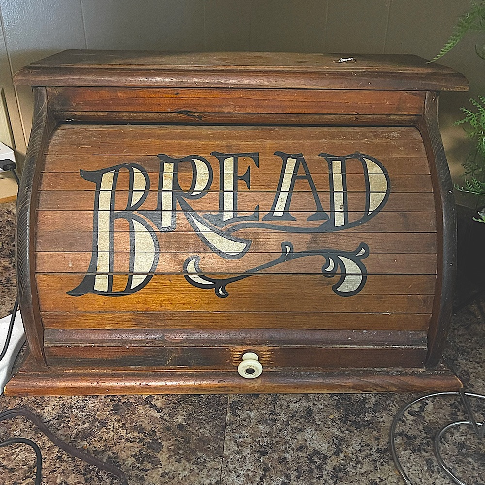 Vintage farmhouse wooden Bread box with roll up top